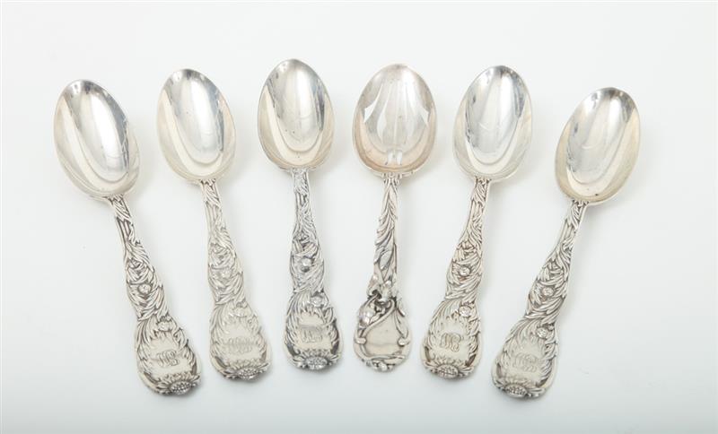 Appraisal: FIVE TIFFANY CO MONOGRAMMED SILVER SOUP SPOONS IN THE CHRYSANTHEMUM