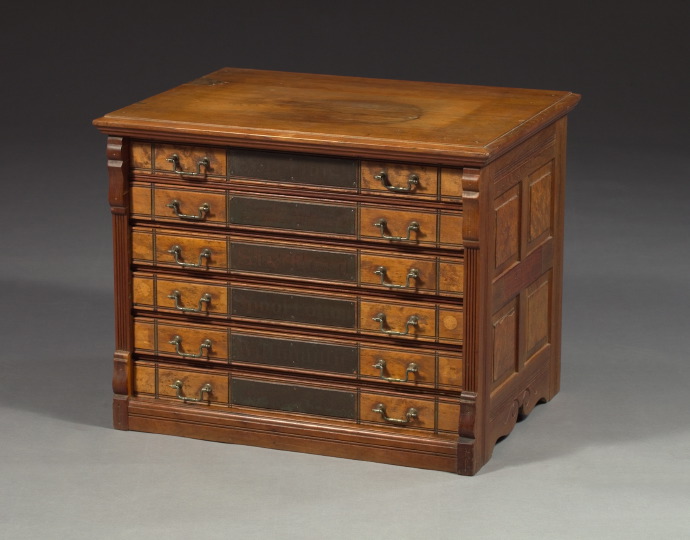 Appraisal: American Eastlake Victorian Walnut and Burl Walnut Six-Drawer Spool Cabinet