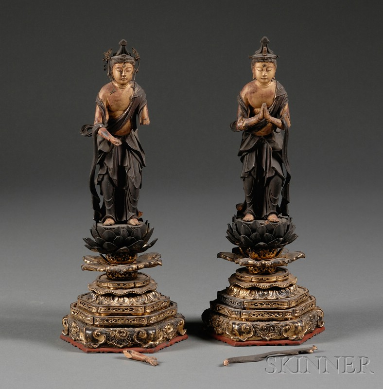 Appraisal: Pair of Carved Wood Figures Japan th century Buddhist angels