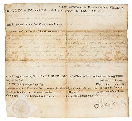 Appraisal: VIRGINIA LEE HENRY Partly-printed vellum Document Signed as Governor granting