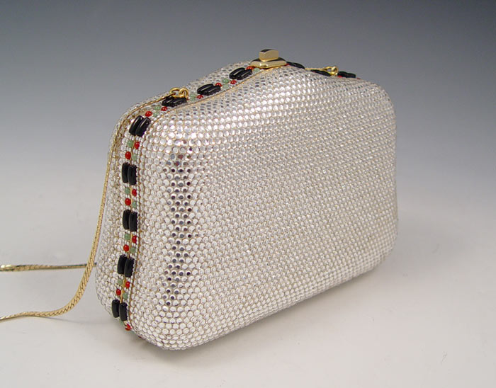 Appraisal: JUDITH LEIBER CRYSTAL PURSE Clear crystals with onyx garnet and