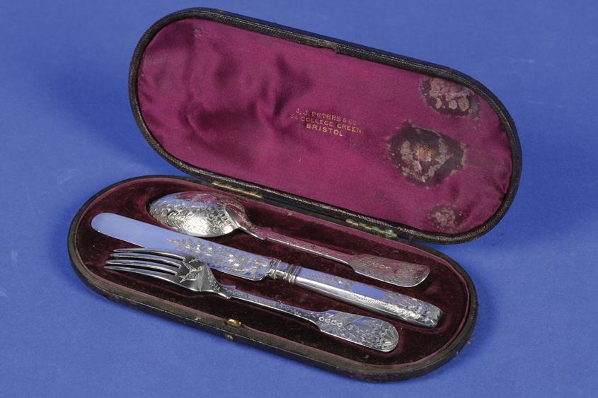 Appraisal: A VICTORIAN CHRISTENING SET comprising knife fork and spoon engraved