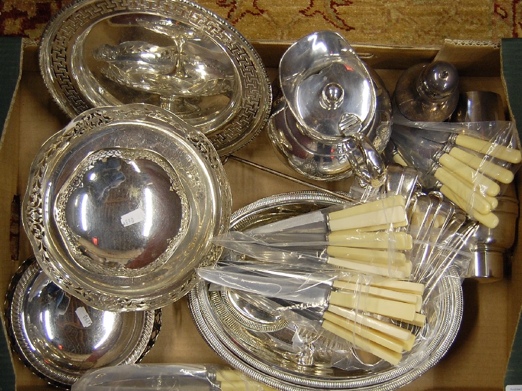 Appraisal: Box of silver plate hollow ware including pair entree dishes