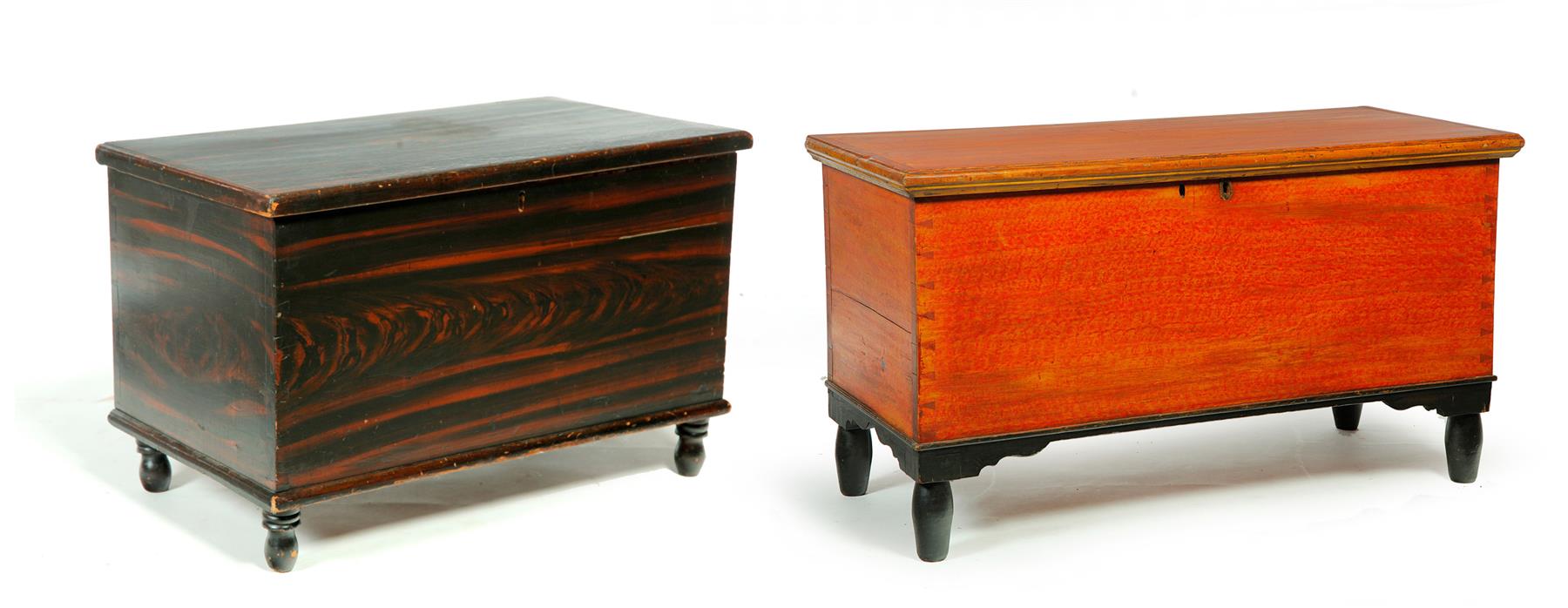 Appraisal: TWO DECORATED BLANKET CHESTS American mid th century Dovetailed cases