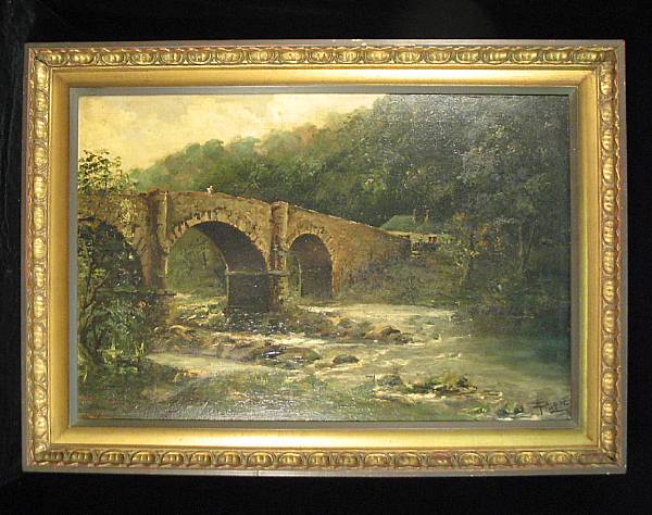 Appraisal: William Dodds British active - Figures crossing a stone bridge