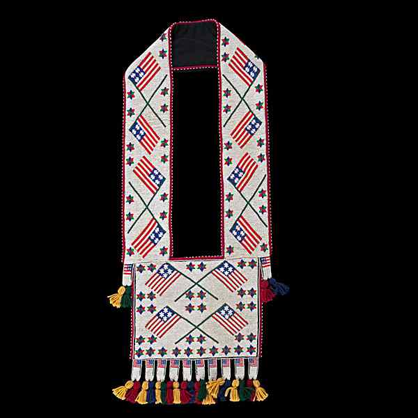 Appraisal: Chippewa Beaded Bandolier Bag with American Flags thread-sewn with red