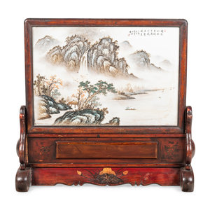 Appraisal: A Chinese Painted Porcelain Inset Carved Hardwood Table Screen Late