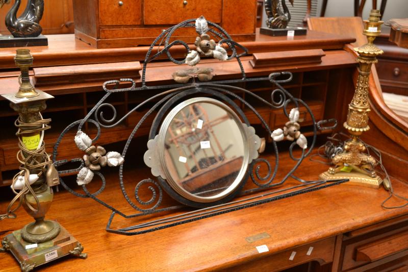 Appraisal: A DECO WROUGHT IRON VANITY MIRROR WITH FLOWER MOTIF A