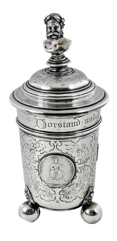 Appraisal: German Silver Covered Cup th century leaf and acorn engraved