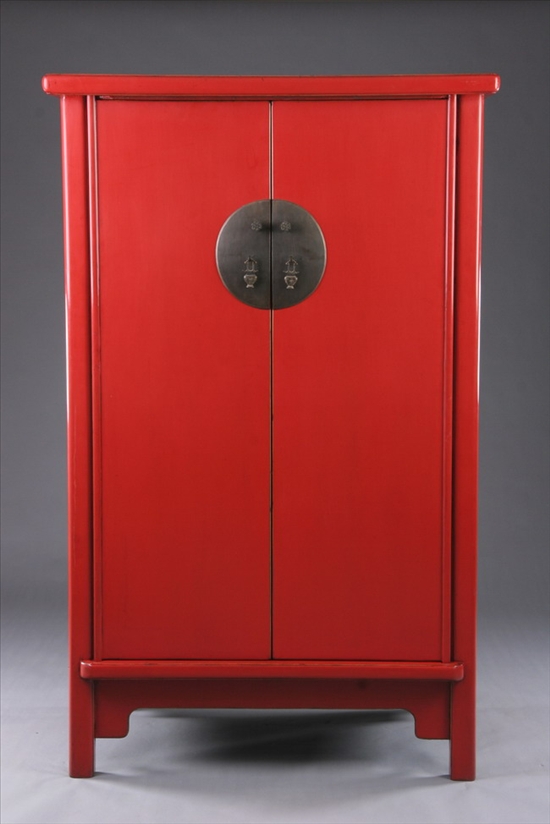 Appraisal: CHINESE RED LACQUERED CABINET th century Two doors opening on