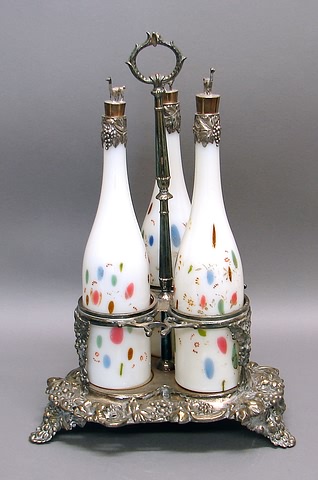 Appraisal: Three bottles with bird and multicolored spot decoration sterling-silver-mounted stoppers