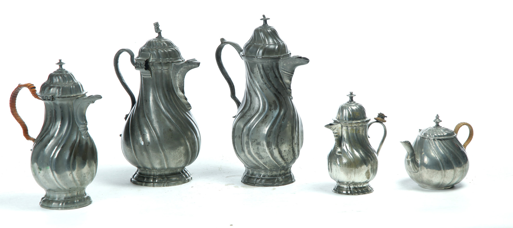 Appraisal: FIVE GERMAN PEWTER COFFEE POTS AND CREAMERS Late th- th