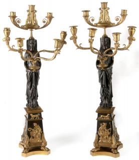 Appraisal: EGYPTIAN REVIVAL GILT AND PATINATED BRONZE CANDELABRA A FRENCH PORCELAIN