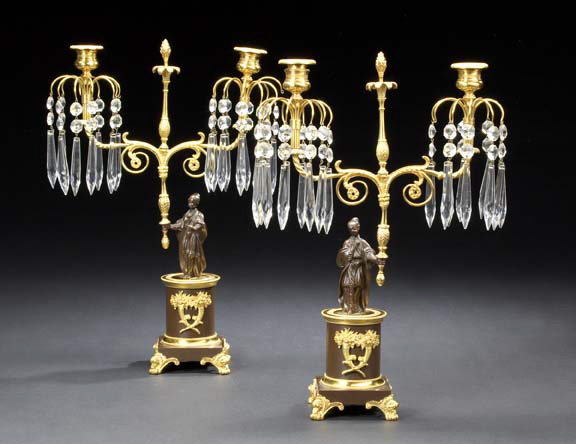 Appraisal: Stylish Pair of English Gilt-Brass-Mounted Bronze-Patinated Brass and Bronze Two-Light