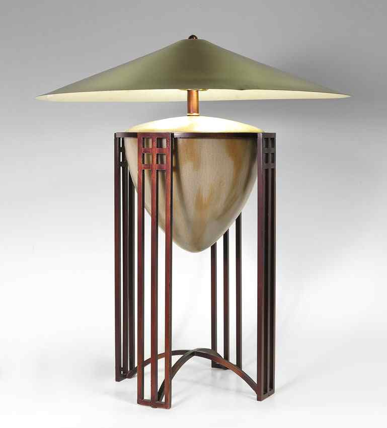 Appraisal: ARTS CRAFTS STYLE LAMP High style Arts Crafts style metal