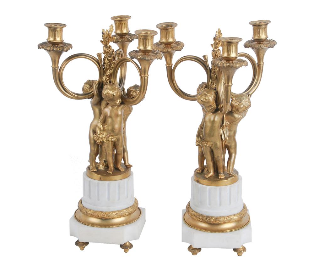 Appraisal: PAIR OF FRENCH BRONZE MARBLE FIGURAL CANDELABRA inches high Condition