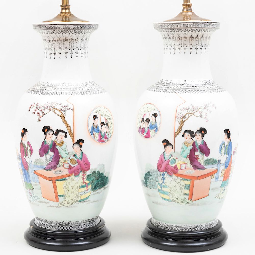 Appraisal: Pair of Chinese Famille Rose Porcelain Baluster-Shaped Urn Lamps Urns