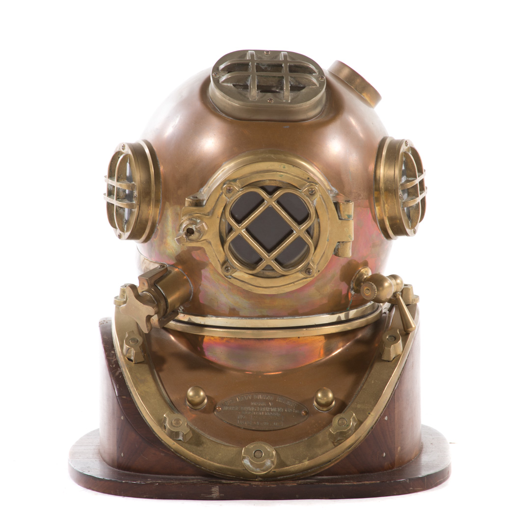 Appraisal: Reproduction copper brass navy diving helmet with glass windows marked