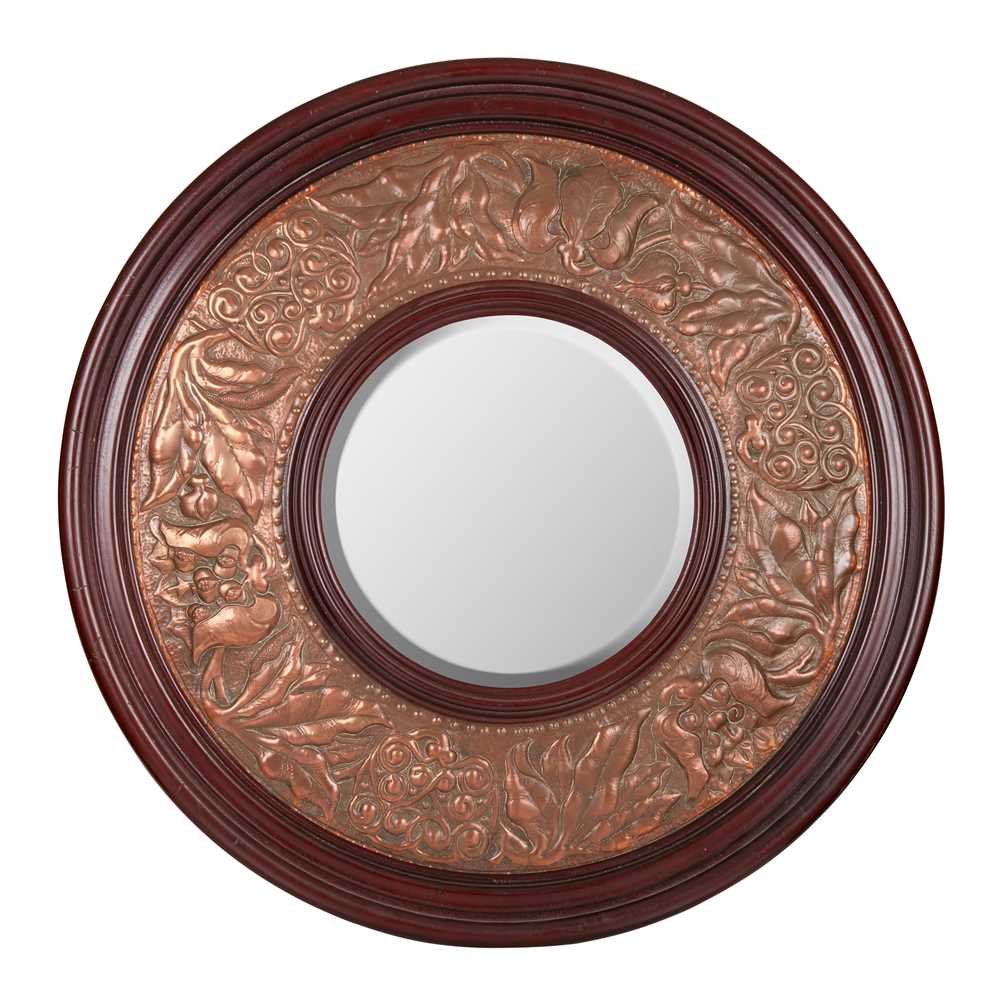 Appraisal: ENGLISH ARTS CRAFTS WALL MIRROR CIRCA repouss -decorated copper mahogany