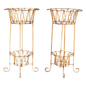 Appraisal: A Pair of Painted Iron Wirework Plant Stands with Scalloped