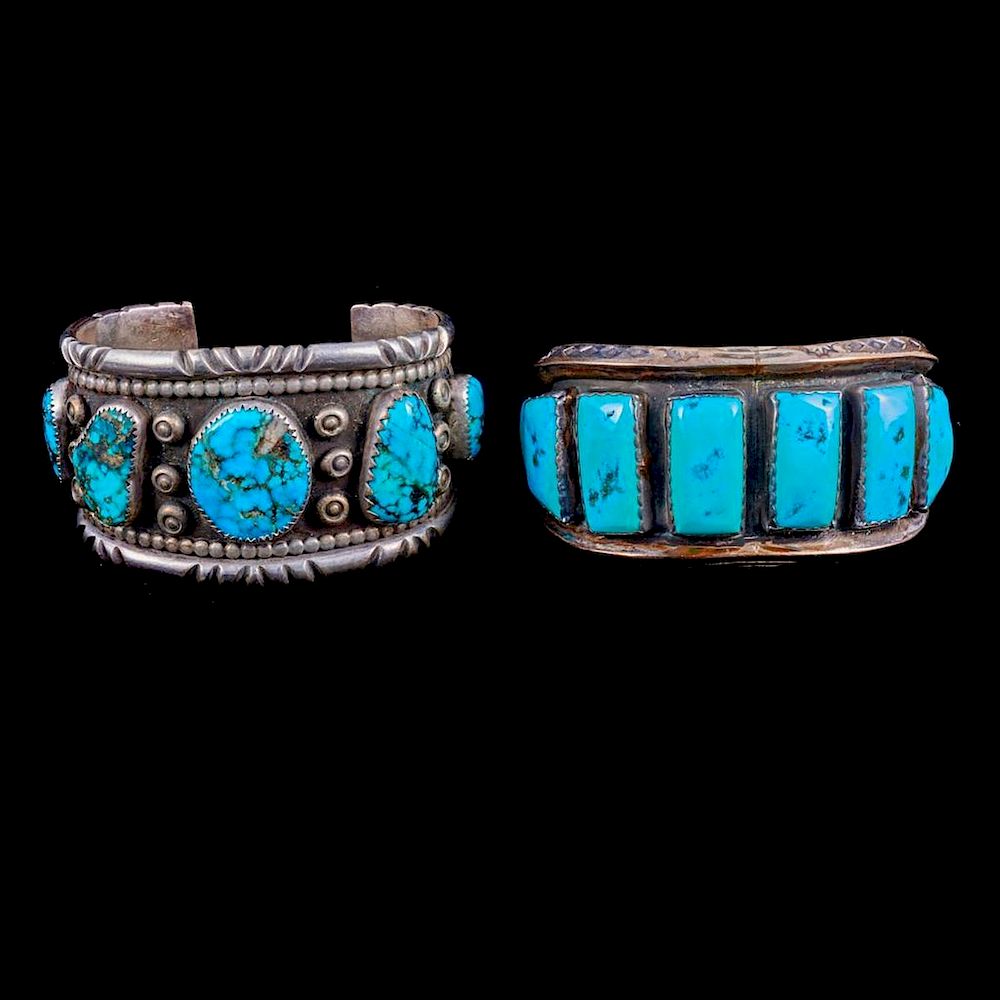 Appraisal: NAVAJO CUFF BRACELETS Two old pawn turquoise and silver cuff