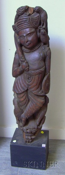 Appraisal: Asian Carved Wood Figural Architectural Fragment on base fragment ht