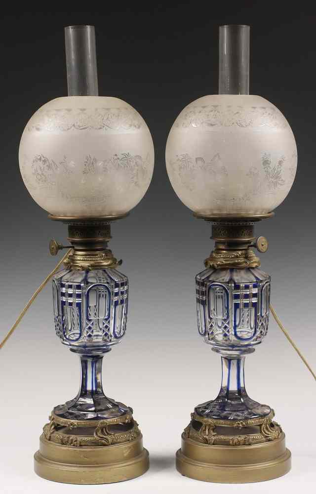 Appraisal: PAIR CRYSTAL OIL LAMPS - Pair of Blue Cut to