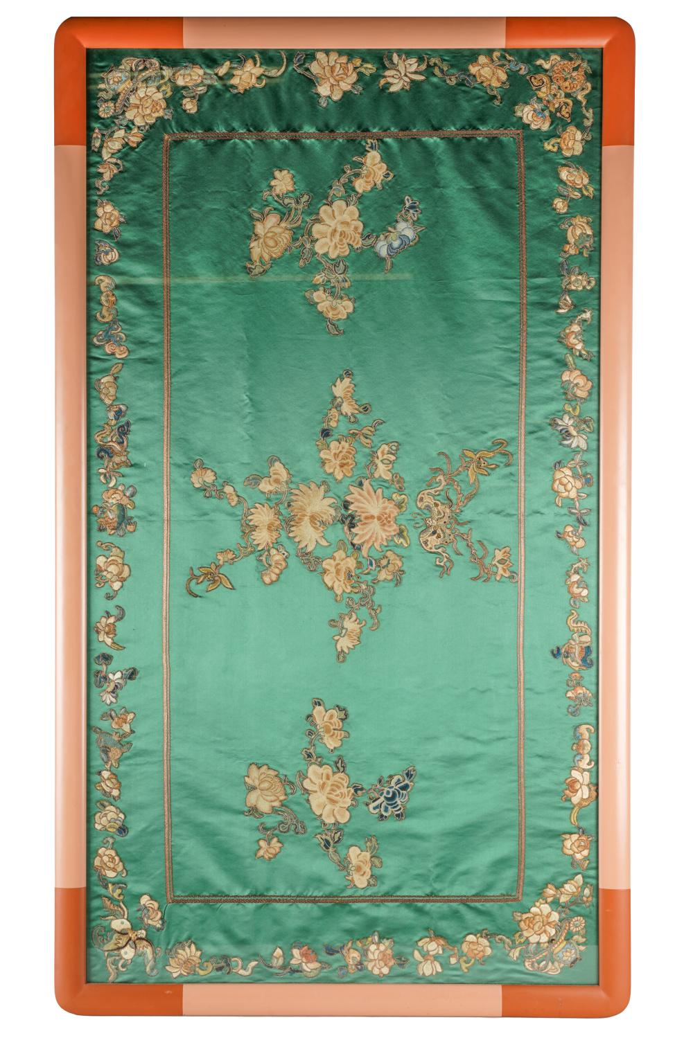 Appraisal: CHINESE EMBROIDERY PANELon green silk Condition in a pink colored