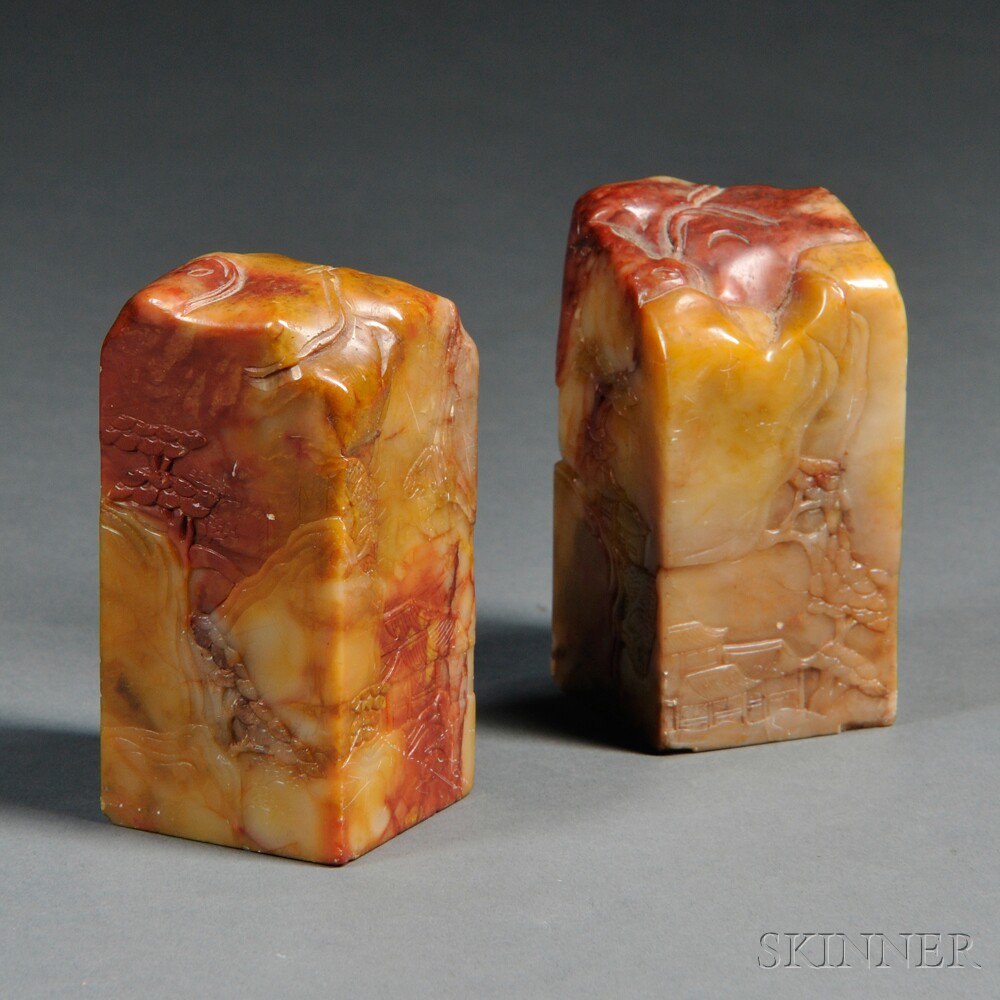 Appraisal: Pair of Stone Seals China rectangular carved on each side