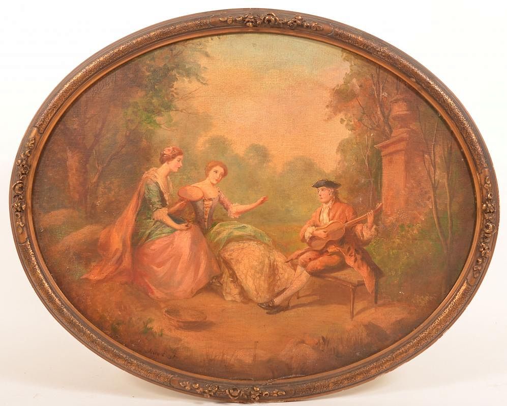 Appraisal: Painting Depicting a French Courting Scene th Century Oil on