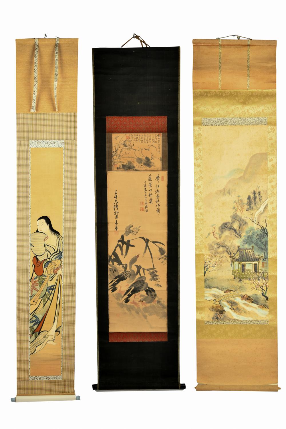 Appraisal: THREE JAPANESE SCROLL PAINTINGSthe first depicting a pavilion in a