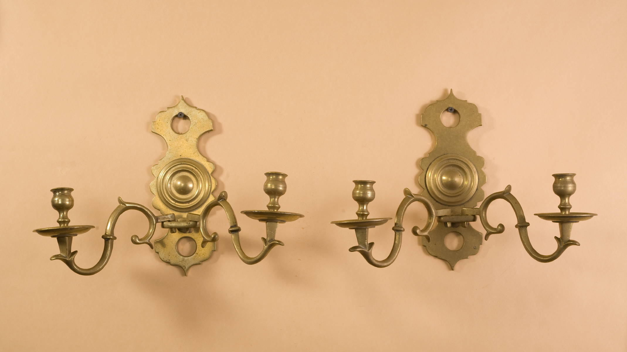 Appraisal: PAIR OF DUTCH BRASS TWO-LIGHT WALL SCONCES