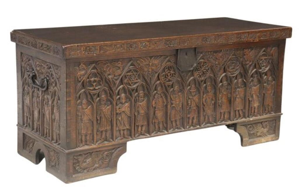 Appraisal: French Gothic Revival carved oak coffer storage trunk th c