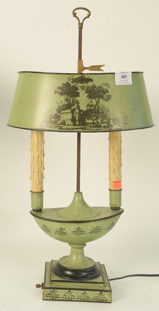 Appraisal: Louis XVI Style Green Painted Tole Bouillotte Lamp having landscape