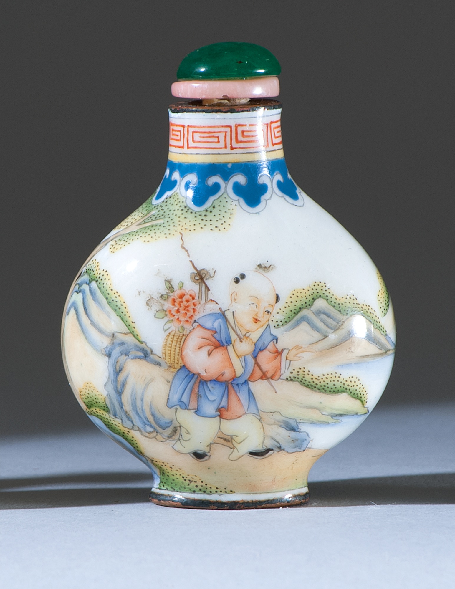 Appraisal: PAINTED ENAMEL SNUFF BOTTLE th CenturyIn baluster form with figural