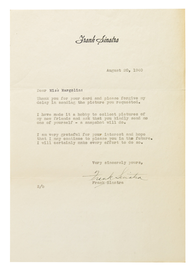 Appraisal: SINATRA FRANK Typed Letter Signed to Bernice Margolin thanking her