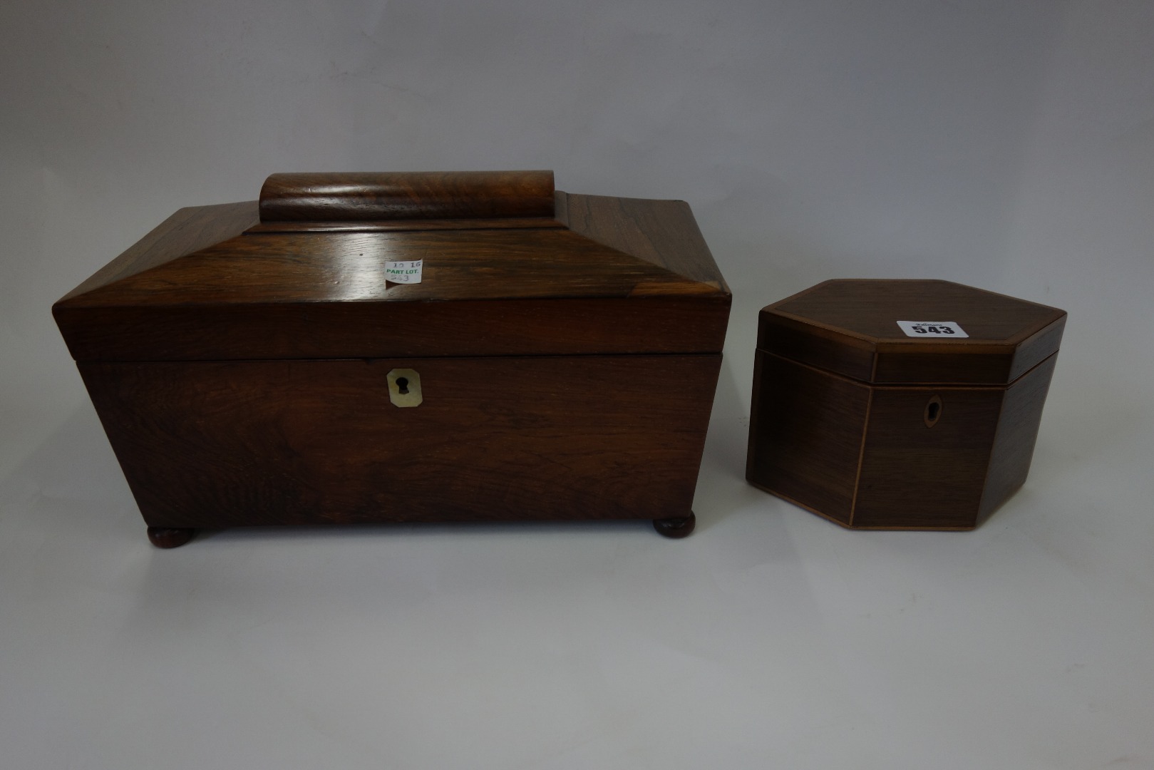 Appraisal: A George III mahogany hexagonal tea caddy boxwood ebony and