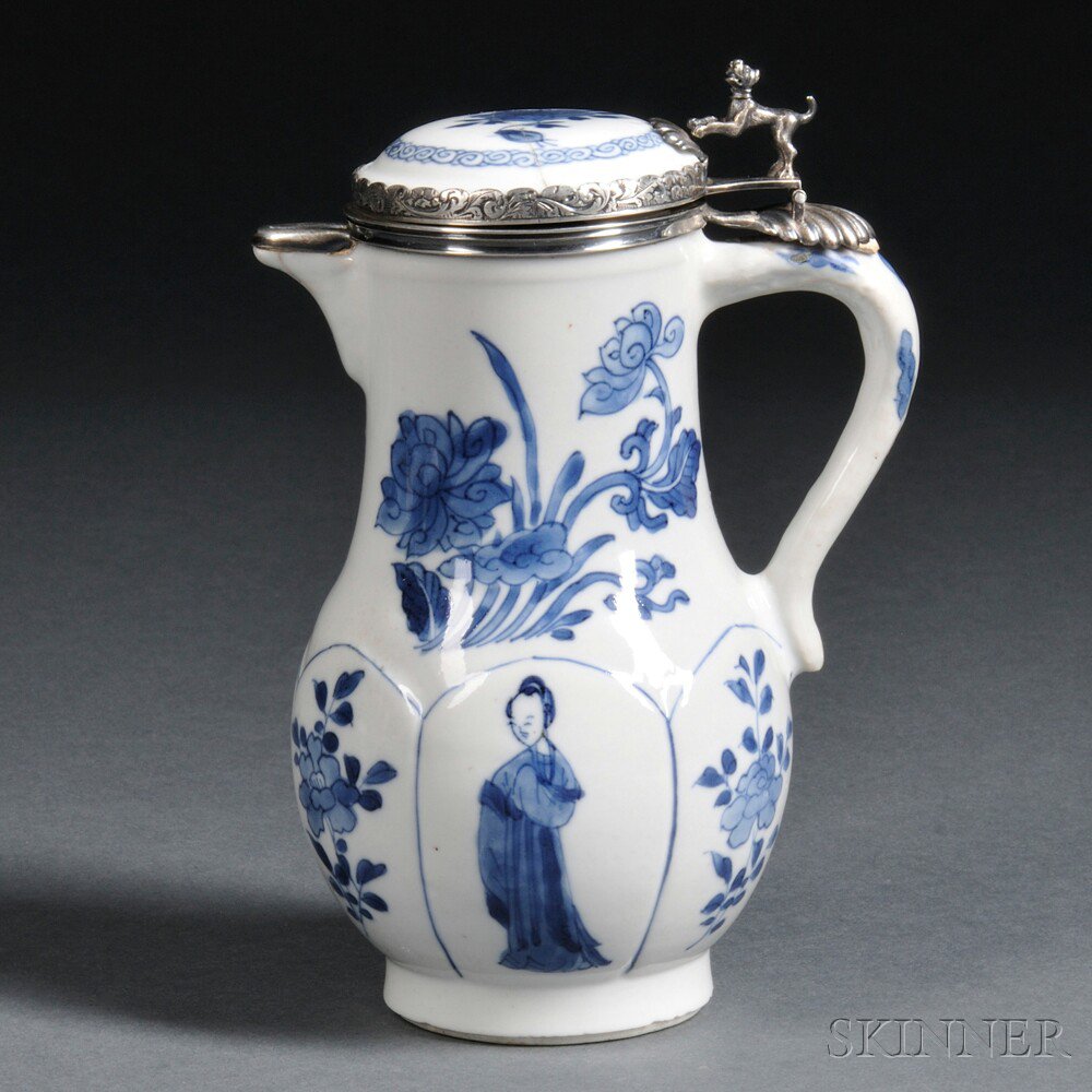 Appraisal: Silver-mounted Blue and White Hot-milk Covered Jug China th century