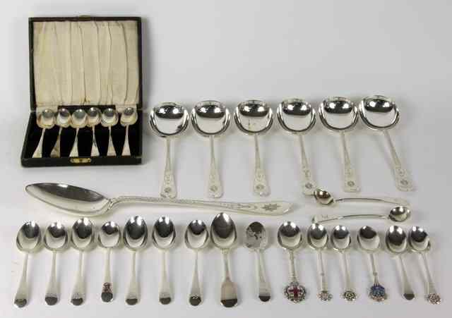 Appraisal: Six silver soup spoons Sheffield bright cut and monogrammed together