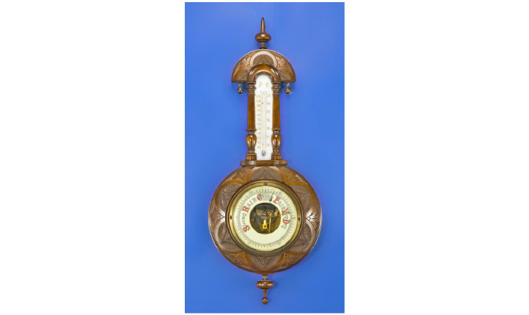 Appraisal: Carved Walnut Barometer Ivory Dial With Thermometer Height Inches