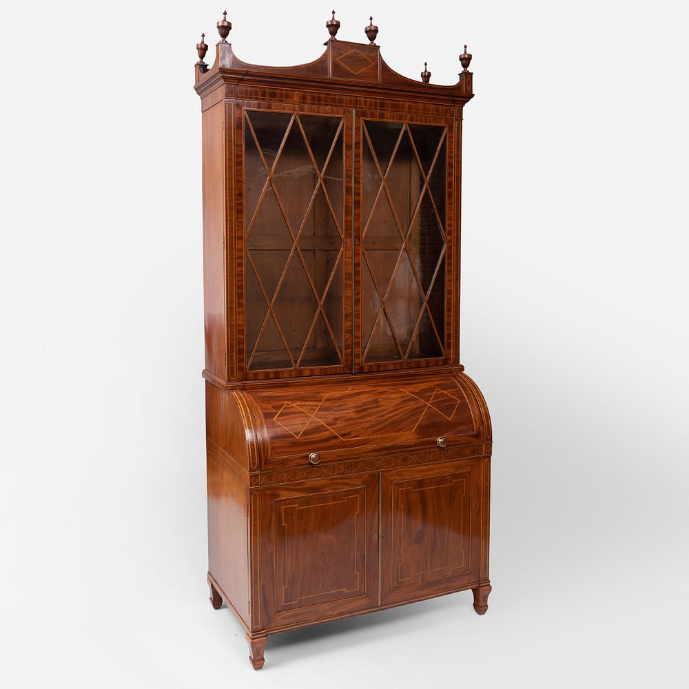 Appraisal: George III Inlaid Mahogany Secretary Bookcase In three parts the