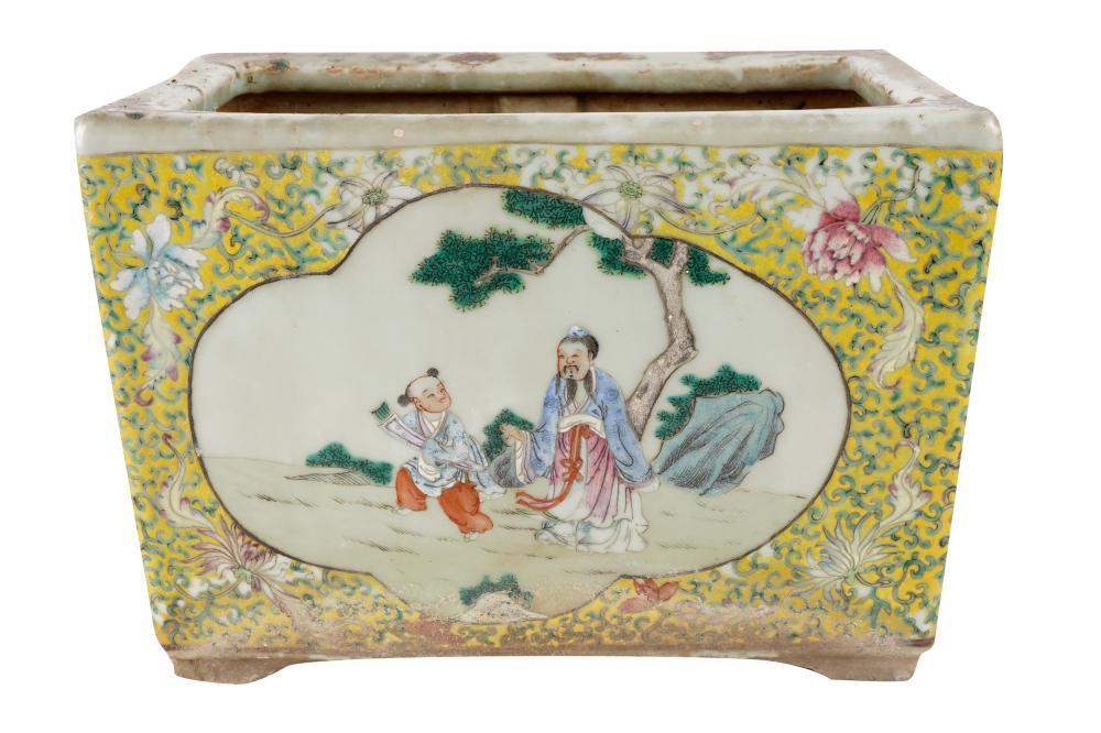 Appraisal: CHINESE YELLOW-GROUND PORCELAIN PLANTERunmarked rectangular raised on four feet Condition