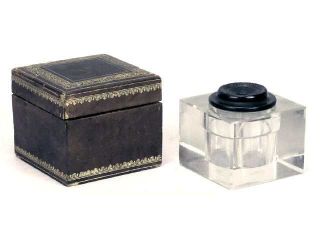 Appraisal: Superb antique Busch self closing glass ink well in fitted