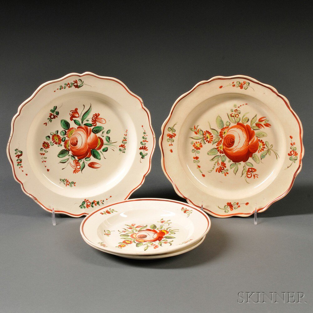 Appraisal: Four Cream-colored Earthenware Plates England c each polychrome enamel decorated