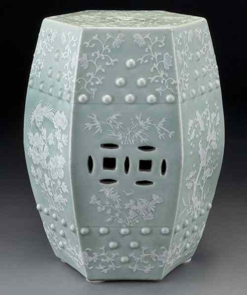 Appraisal: Chinese Qing celadon porcelain hexagonal gardenstool depicting birds and flowers