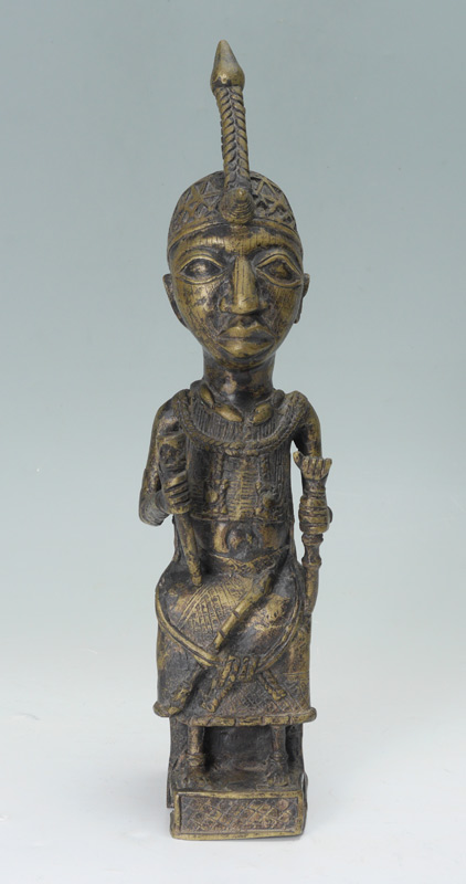 Appraisal: AFRICAN BRONZE FERTILITY SCULPTURE Figure of seated chief with phallic