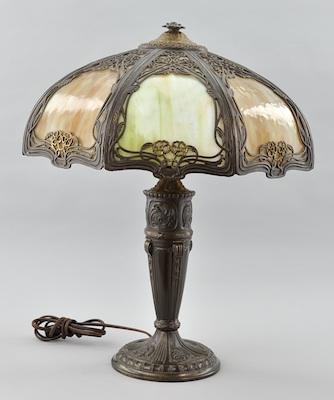 Appraisal: An Antique Slag Glass Lamp and Shade With a bronze-tone