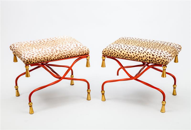 Appraisal: Pair of Stools Painted wrought-iron fabric x x in Property