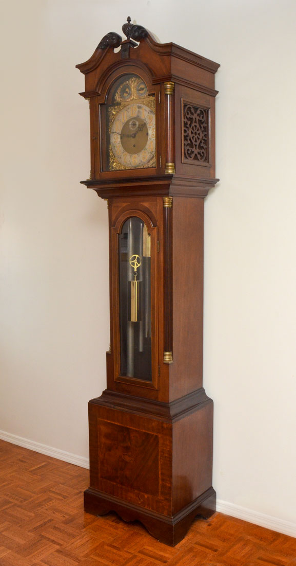 Appraisal: MAHOGANY TUBE TALL CASE GRANDFATHER CLOCK Hood with broken arch