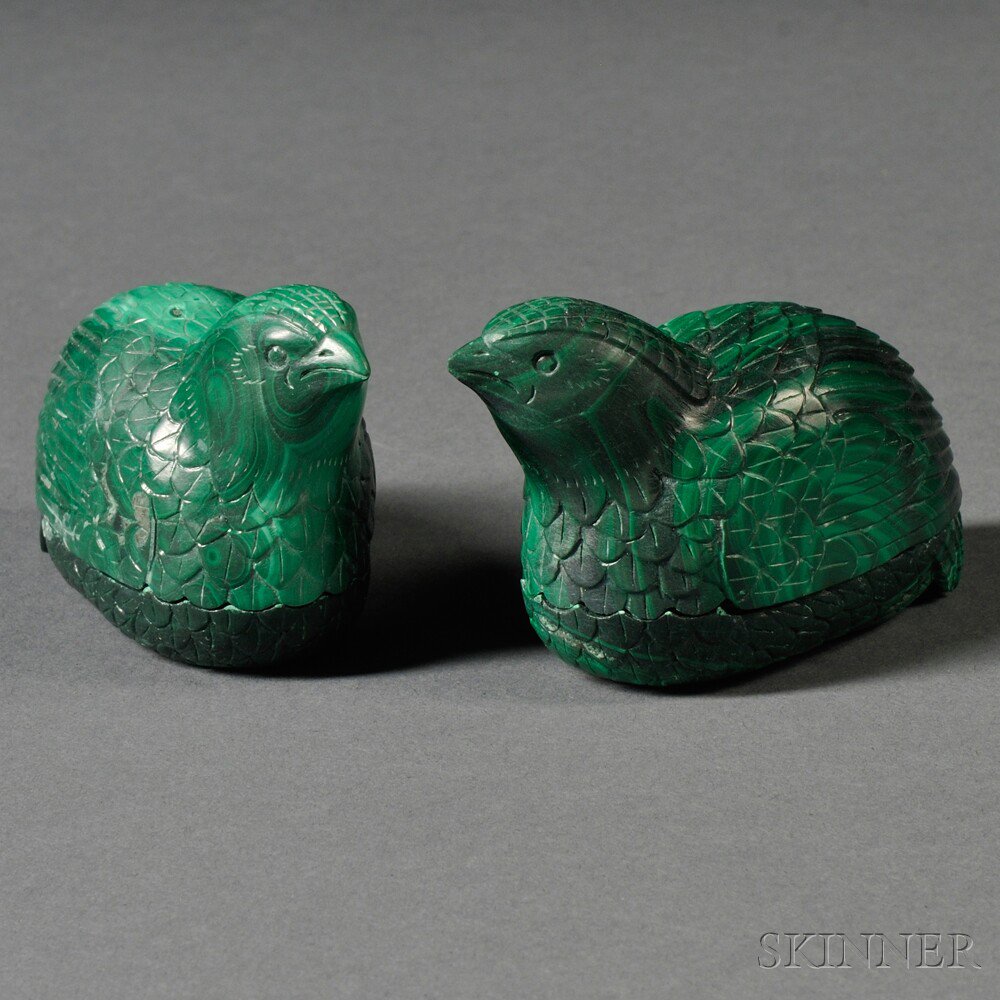 Appraisal: Pair of Malachite Covered Boxes China each carved in the